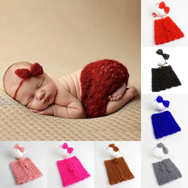 

New Knitted Mohair Baby Skirt+Bow Headband Set for 0-6 Months Baby Girls Studio Photo Shooting Costume Newborn Photography Props