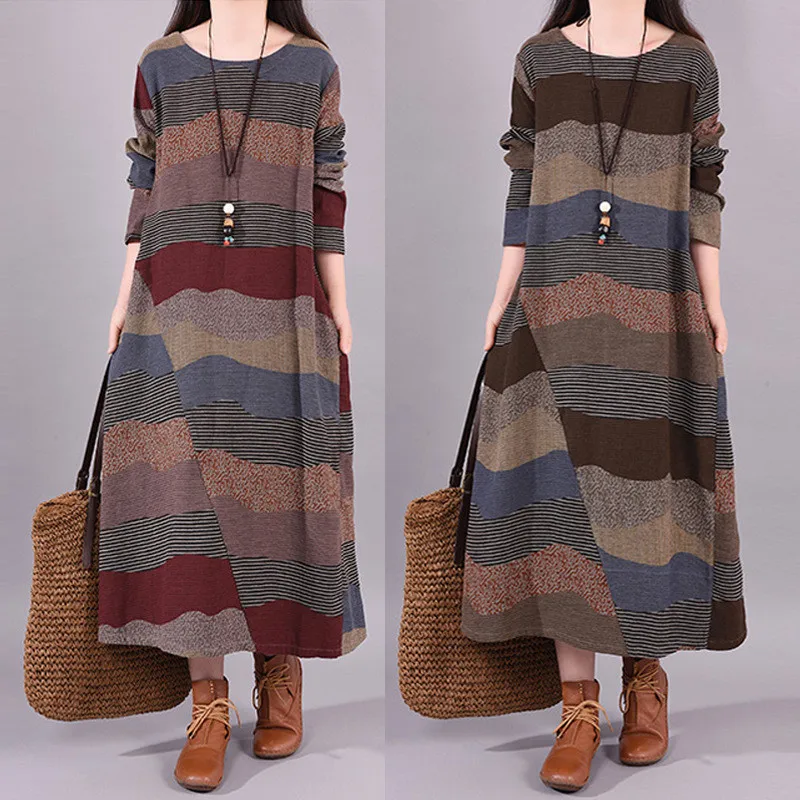 

Women's Printed Sundress Casual Long Sleeve Female Linen Maxi Dress