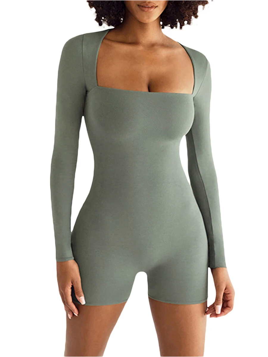 

Women Short Jumpsuit Short Sleeve Square Neck Solid Slim Fit Slummer Playsuit for Daily Party