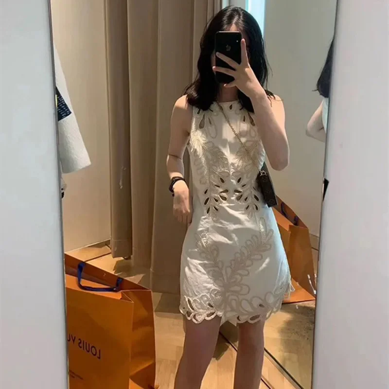 

Women Short Robe O-neck Jacquard Hollow Out Sexy Slim Sleeveless Mini Dress