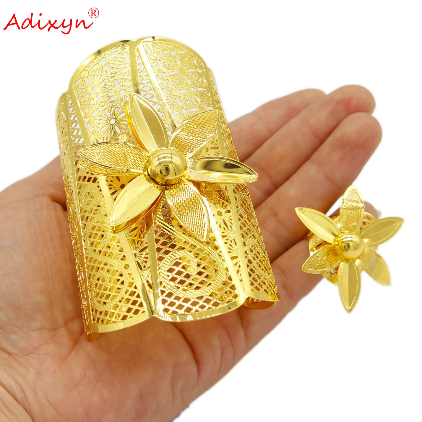 

Adixyn African Luxury Cuff Bangle With Ring For Women 24K Gold Color Dubai Ethiopian Middle East Jewelry Bracelets Gifts n022246