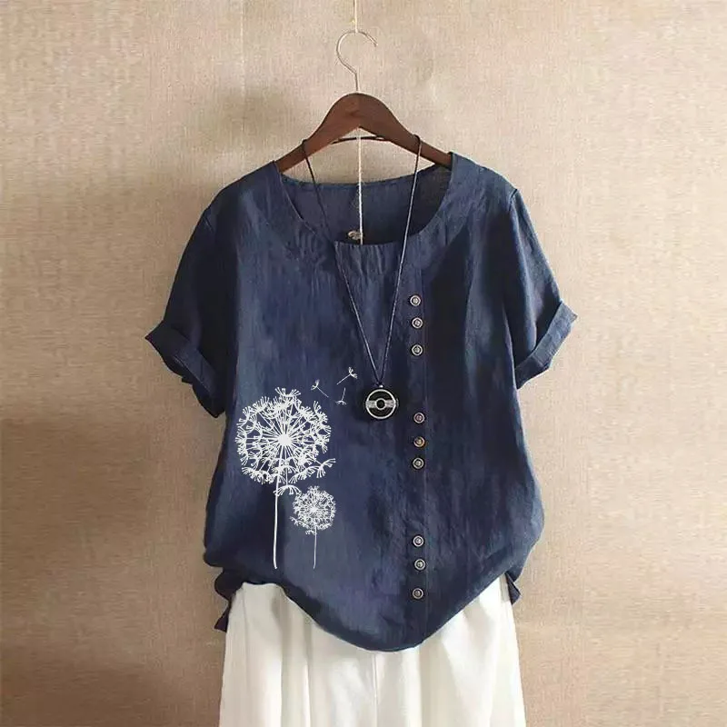 Women Floral Cotton Linen Blouse Summer Short Sleeve