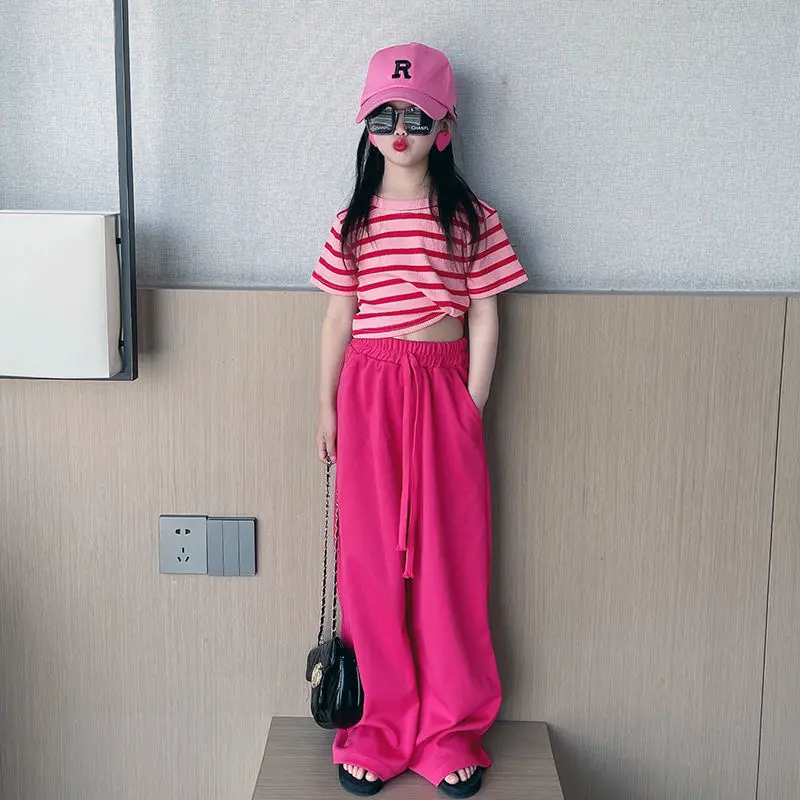 여아용 여름 반팔 스트라이프 셔츠, 와이드 레그 팬츠,  라운지웨어, 패션 여아 의상, 2 개 세트