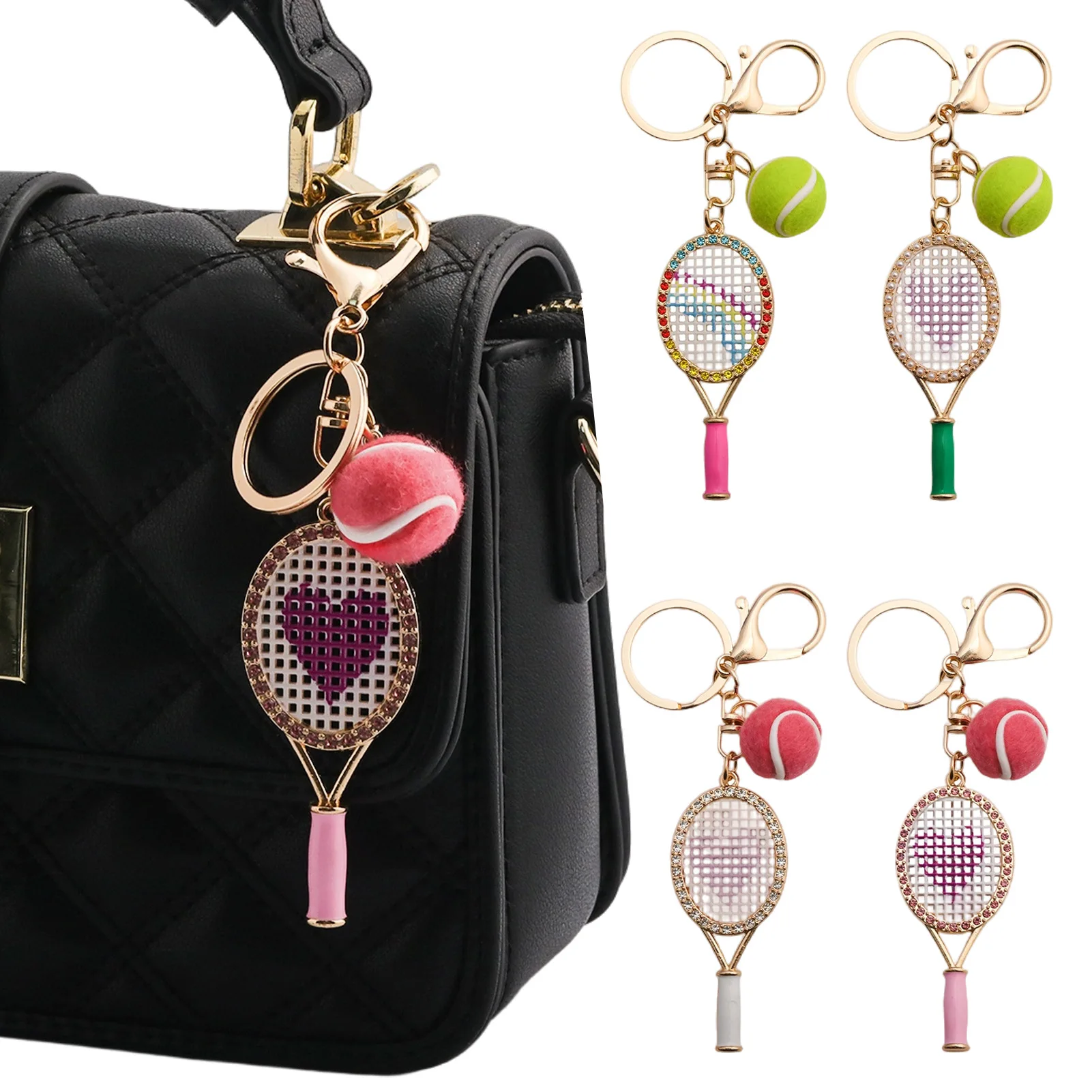 Kristallherz-Tennisschläger-Schlüsselanhänger, Mini-Filz-Tennisball-Taschenanhänger, Sport-Schlüsselring, Rucksack- und Handtaschenanhänger, Geschenk für Frauen