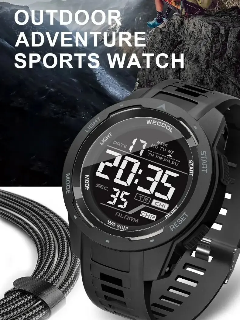 Montre WECOOL Marque Sport Numérique 50M Étanche Rétroéclairage LED Réveil Multifonction W-616