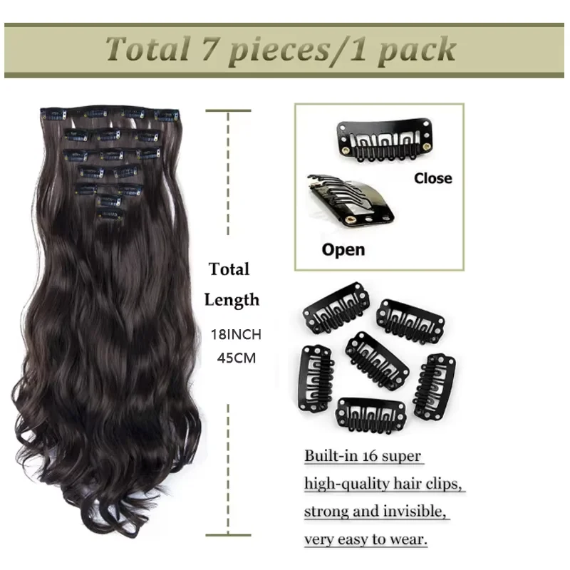 Synthetic 18Inch Long Curly Hair Hairpiece Heat Resistant Hair Extension Clips In Black Brown Blonde for Women