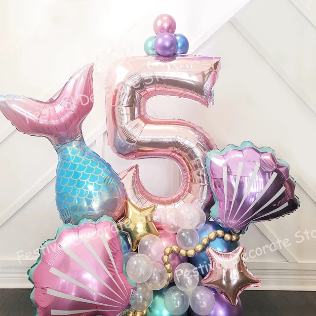 Decoración de globos de cumpleaños para niña de 1 2 3 4 5 6 7 8 y 9 años,  decoración de fiesta de cumpleaños con tema de sirena para niños y niñas