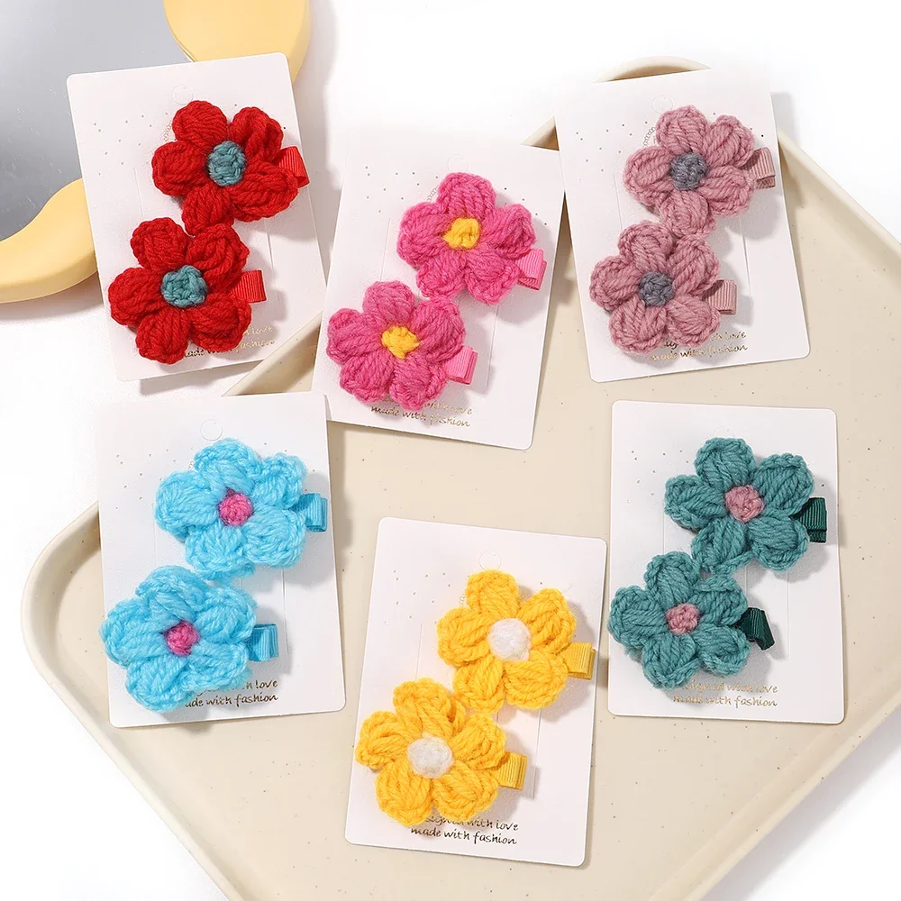 Hair Accessories 2pcs/set Hairs Clips Baby Girls Wool Knitting Headwear Handmade Crochet Small Puff Flower Safe Children Hairpin