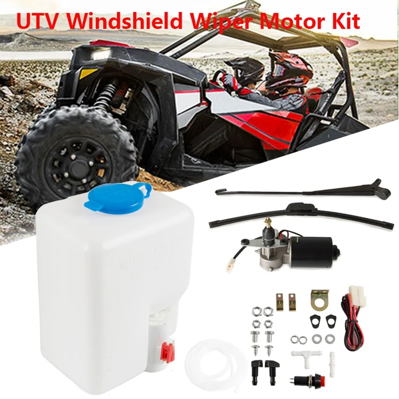Universal 12V Electric Windshield Wiper Washer Pump Kit with Spray Bottle for Polaris Ranger RZR Kawasaki Honda Pioneer Can-Am 800 mah rechargeable motorcycle helmet wiper universal waterproof helmet windshield wiper compatible with most visor
