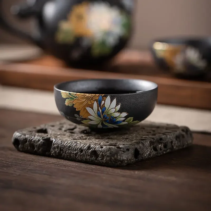 Kiln turned silver black hot stamping relief craft tea cup Goupin cup antique ceramic master cup tea cup Kung Fu tea set