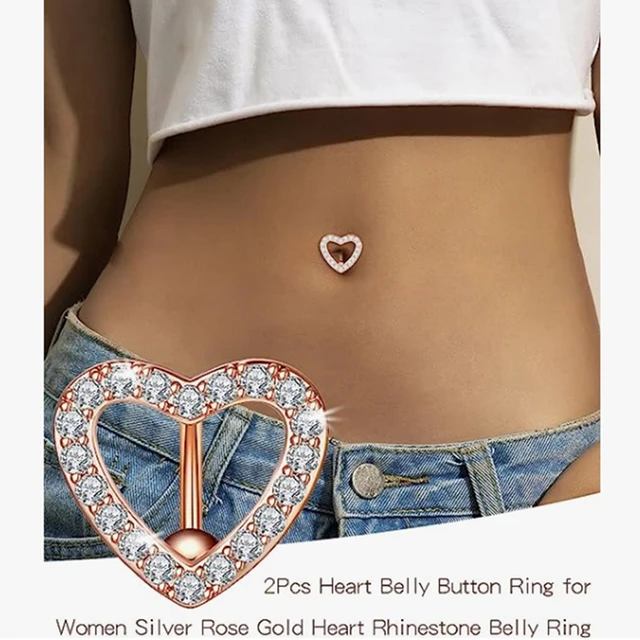 316L Heart Belly Button Ring with Jeweled Flower