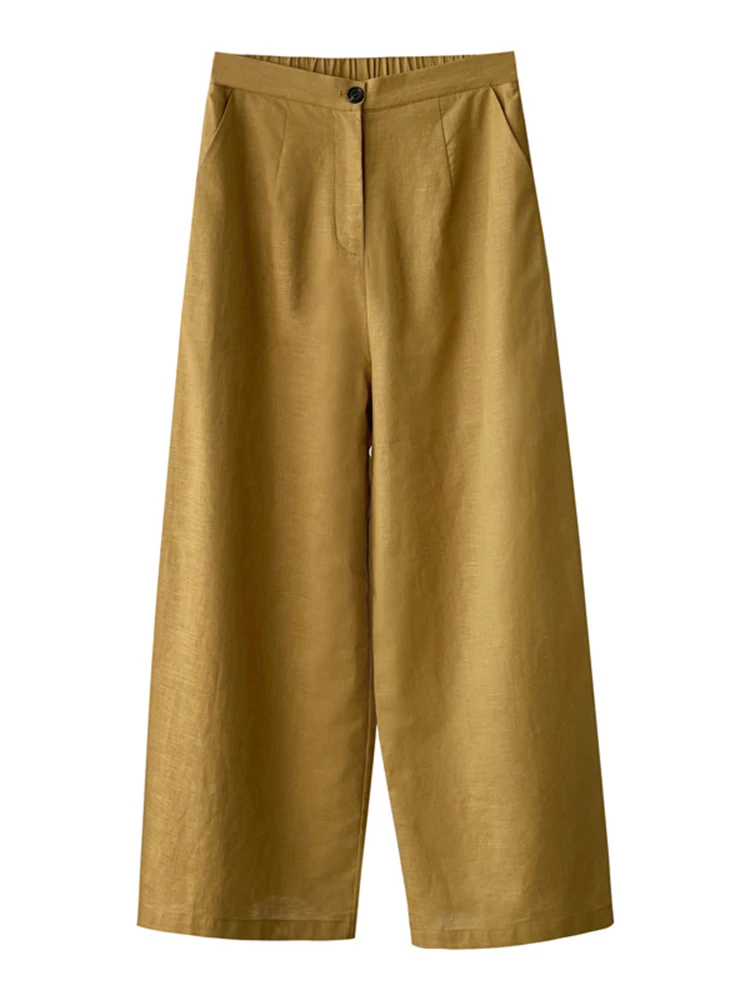 [LANMREM] Minimalism Linen Wide Leg Pants For Women Elastic High Waist Sunscreen Trousers Fashion 2024 Summer New 26D9287