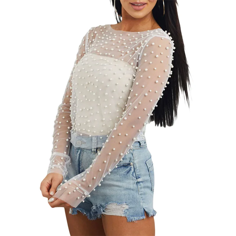 Sheer Mesh Top with Pearls Women y2k Clothing See Through Round Neck Long Sleeve T Shirt 2000s Clothes Party Clubwear