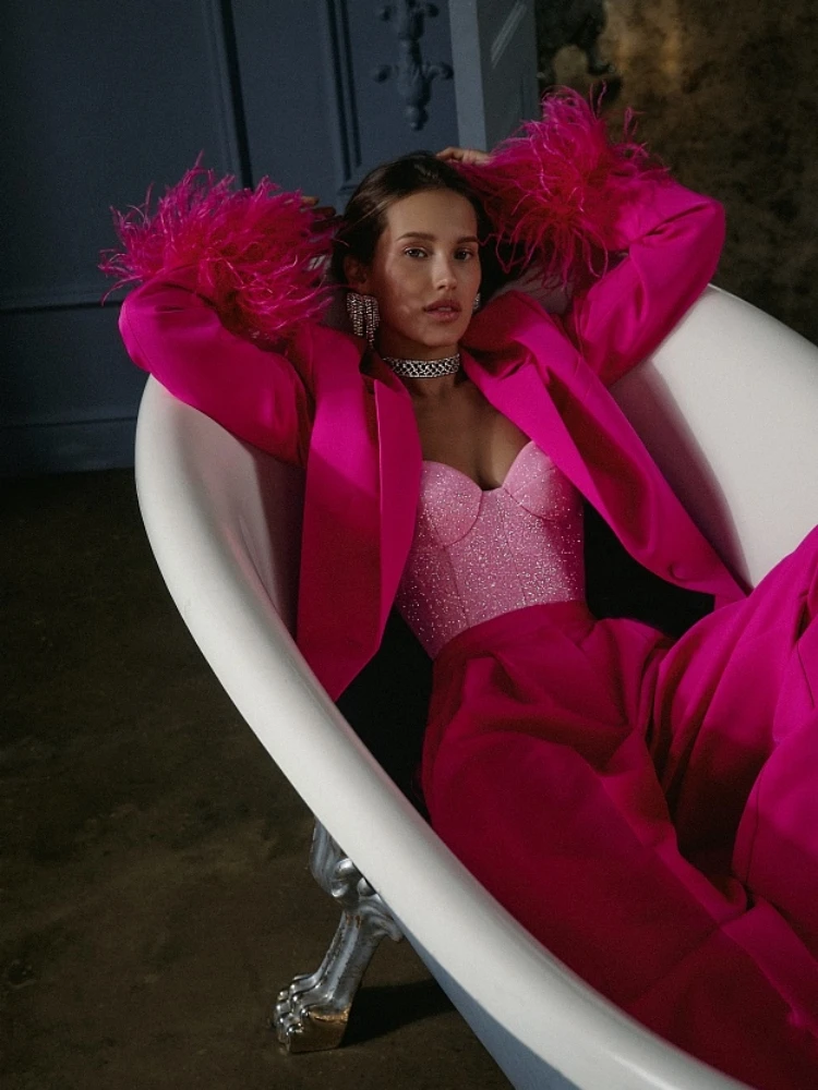 Sexy Feathers Blazer PantSuit Women Black Rose Red Feather Long Sleeve Blazer Jacket+Hihg Waist Pants Two Piece Sets Party Suits 6
