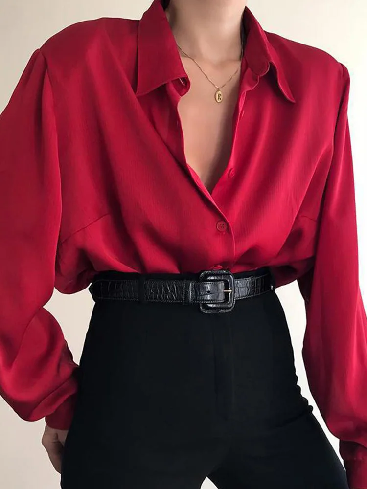 シャツ+ブラウス(長袖+七分) VINTAGE - vintage rework Burgundy blouse shirt top Women Button Blouses Turn Down Collar Shirts Office Lady