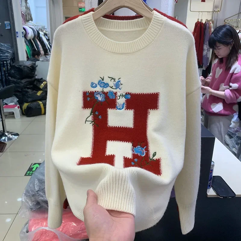 

Women Floral Embroidery Pullovers Knitwear Crewneck White Female Autumn Winter Cloth Letter Jacquard Soft Long Sleeve Sweater