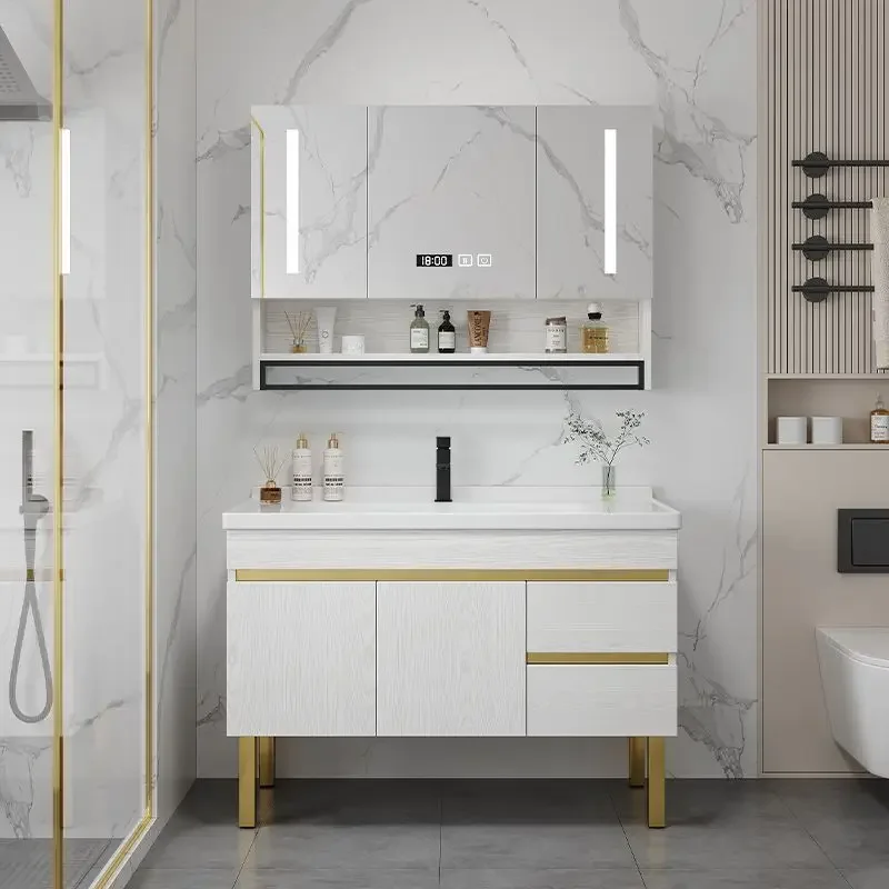 

Nordic Modern Bathroom Cabinet Vanity With Smart Mirror Simple Floor Type Bathroom Sink Integrated Washbasin Bathroom Furniture