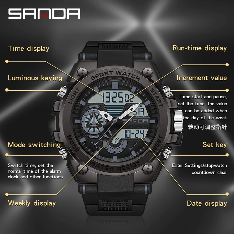 Sanda 3302 New Model Fashion Men 2023 Cool Design Mutiple Functions Teenagers Water Resistant Outdoor Alarm Mode Wrist Watch