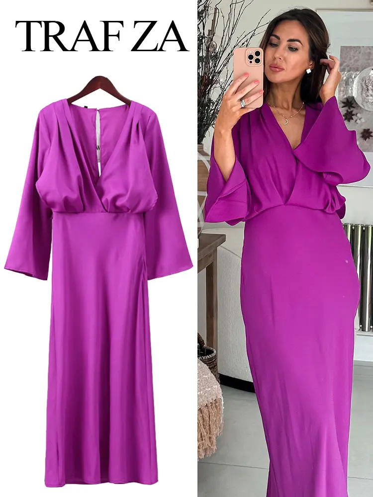 TRAFZAPurpleLongDressForWomenPleatedDressLongSleeveVNeck