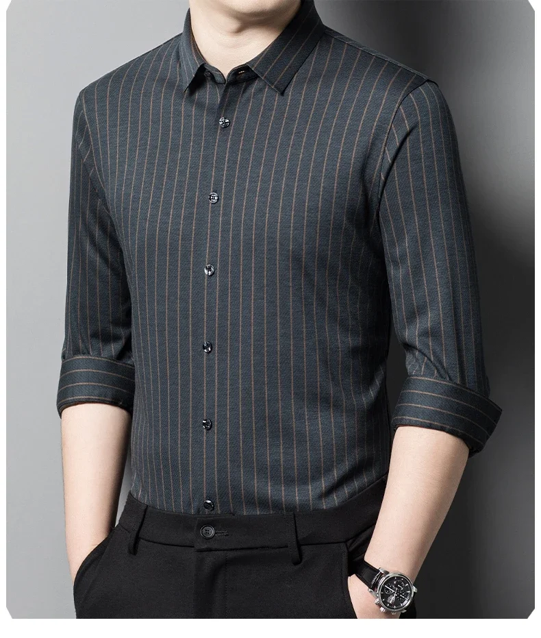 Seamless Wool Spring Autumn Men's Dress Shirts Luxury Striped Long Sleeve Business Casual Single Breasted Male Shirts 4XL