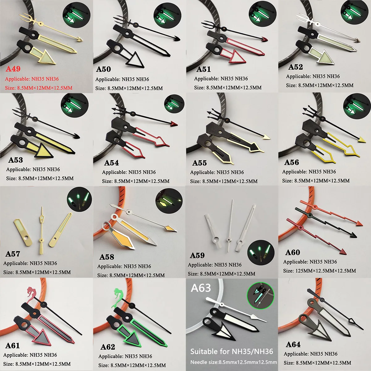 green luminous NH35 hands NH36 hands pointer Silver needle Watch accessories suitable for nh35 Second Hands nh36 movement A17-37