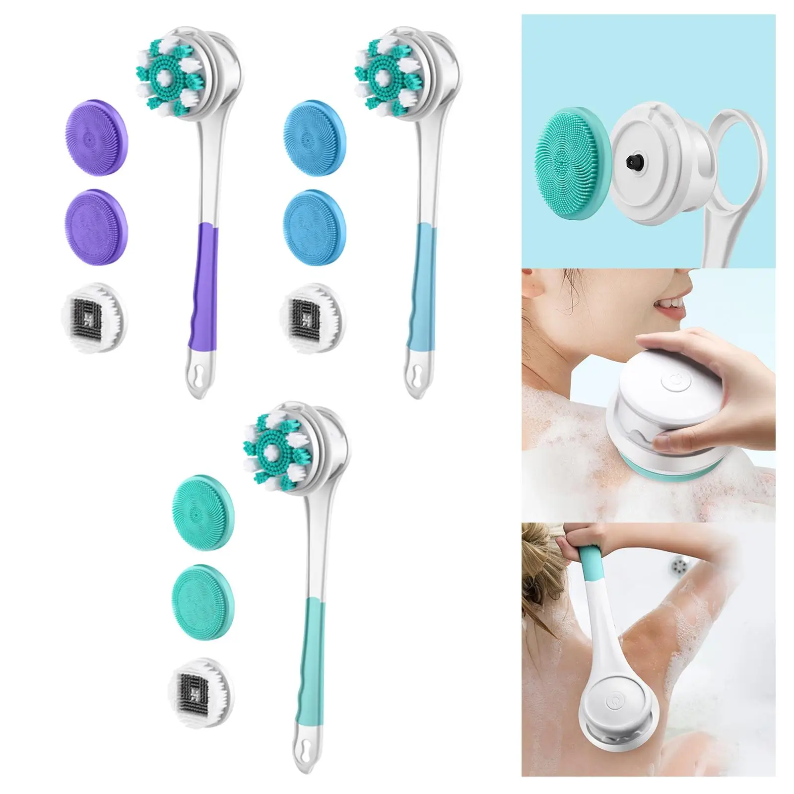 Electric Body Brush with 4 Attachments IPX7 Waterproof Detachable Long Handle Rechargeable Back Brush for Facial Cleansing