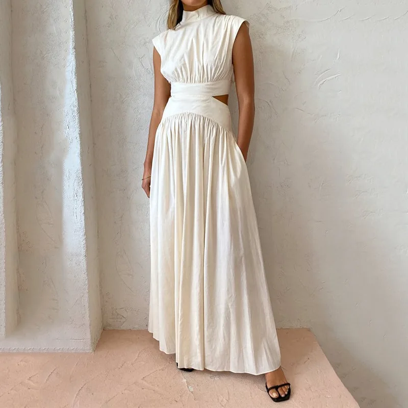 

Women Fashion High Neck Solid Long Dress 2023 Summer Casual Sleeveless Hollow Out Maxi Dress Office Elegant Pleated Party Dress