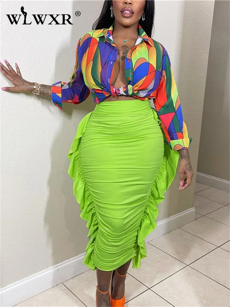 

WLWXR Spring Sexy Ruched Bodycon Skirt Club Outfits Women 2023 Fashion Ruffle Green Long Skirt Female Casual Black Skirts