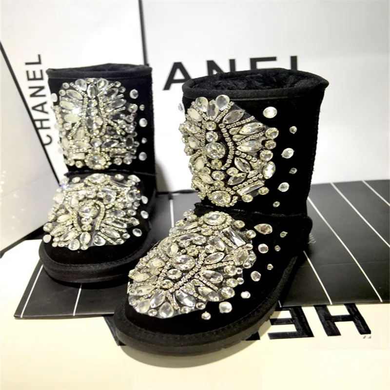 

Luxury Diamond gemstone beaded fringe Hand custom riveted sequin waterproof snow boots 35-44