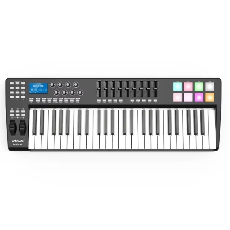 최고의 WORLDE PANDA49 휴대용 49키 USB MIDI 키보드 컨트롤러, 8개의 RGB 컬러풀 백라이트 패드 및 USB 케이블 포함