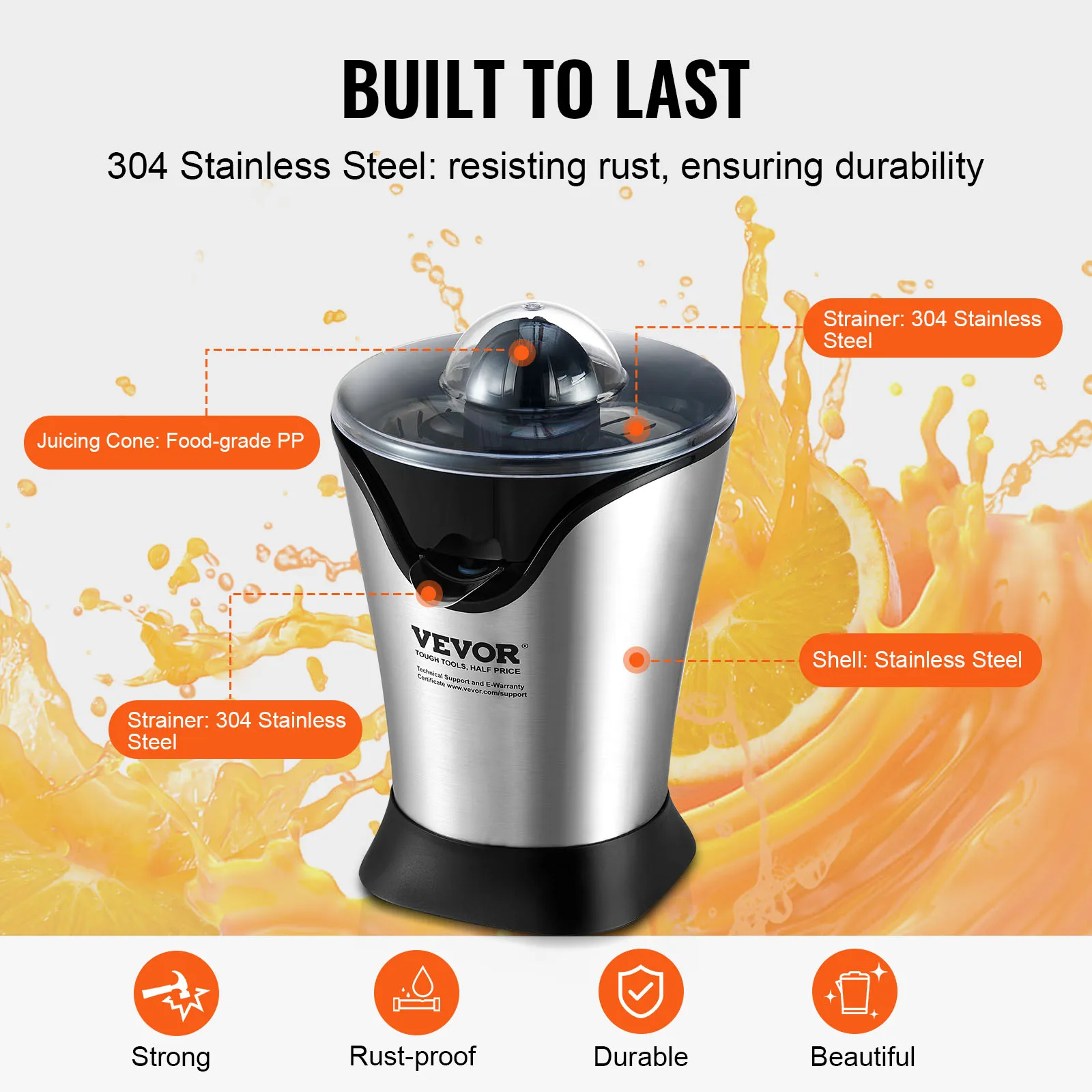 VEVOR Electric Citrus Juicer Orange Juice Squeezer With One Juicing Cone 100W Stainless Steel Filter Orange Juice Maker 5