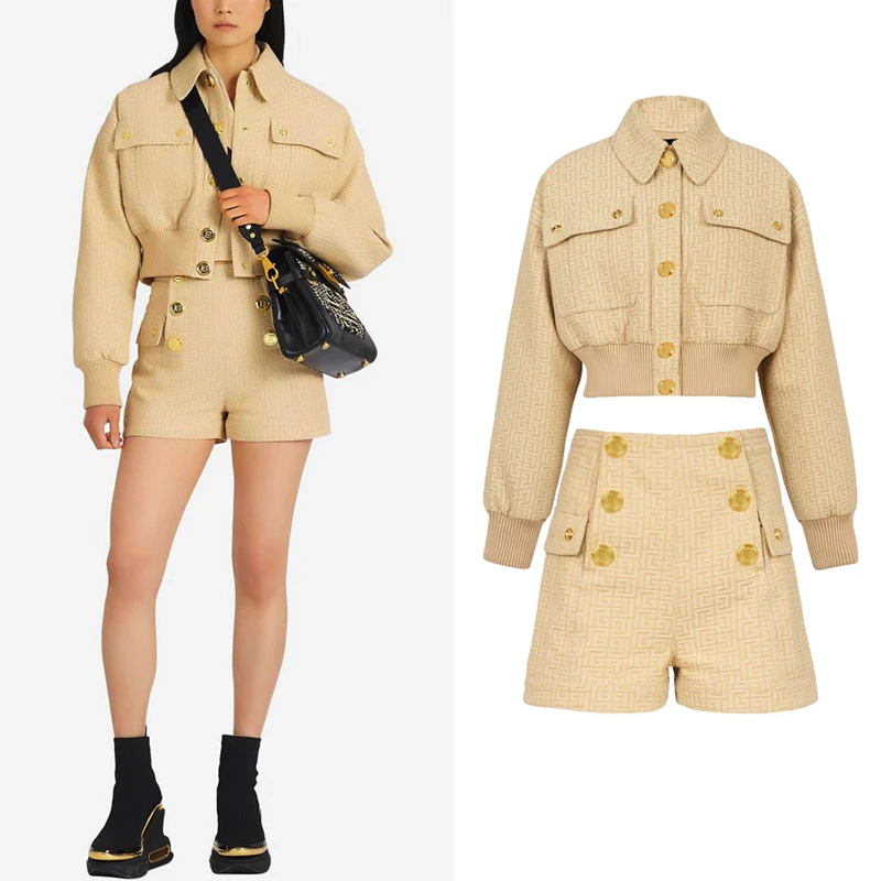 

Spring 2022 Short Coat Lapel Cardigan New High-quality Jacquard Denim Retro Style Atmospheric Top Jacket And Shorts Suit