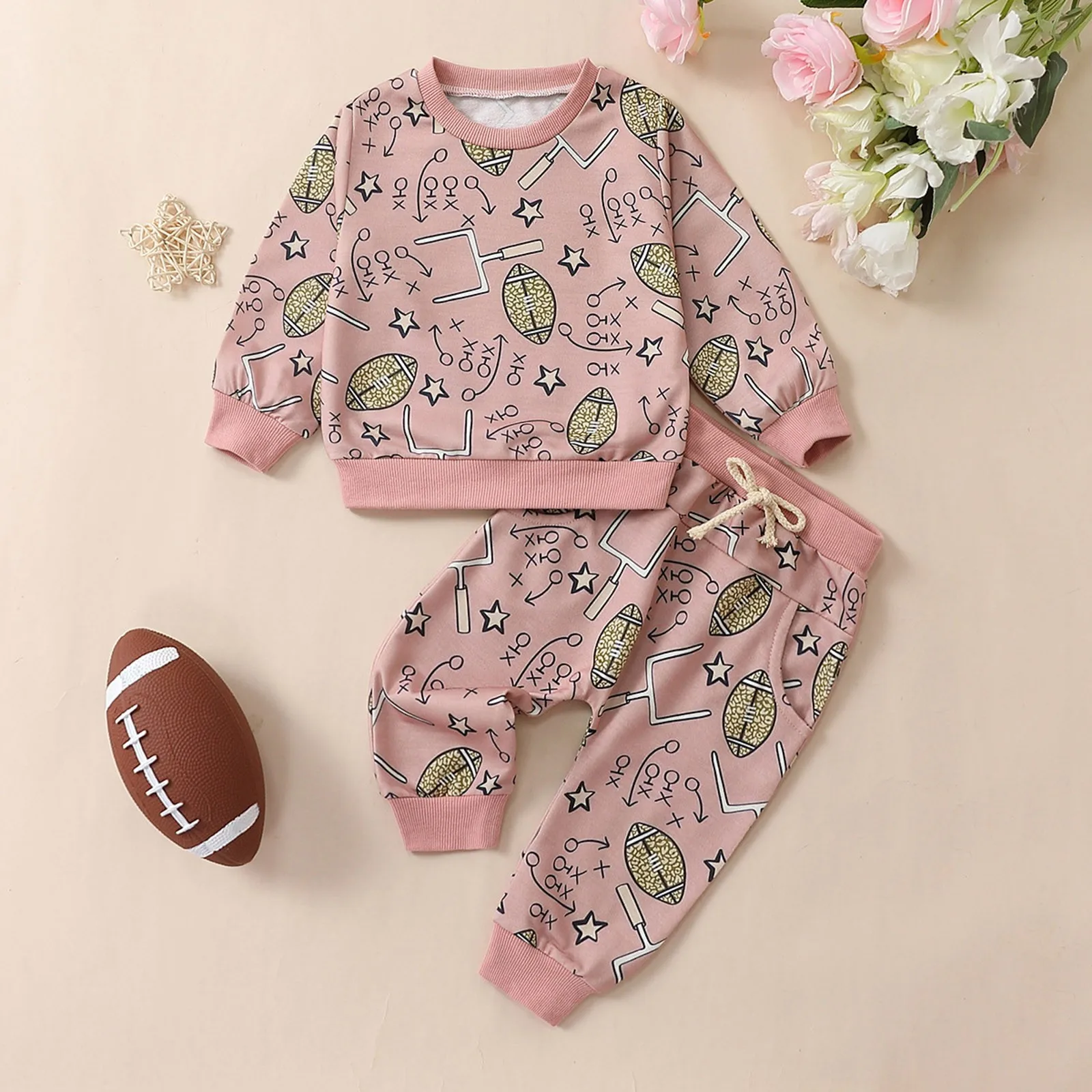 

0-3Y Autumn Winter Baby Girls Boys Clothes Sets 2pcs Rugby Print Long Sleeve Sweatshirt Elastic Waist Pants Casual Sports Outfit
