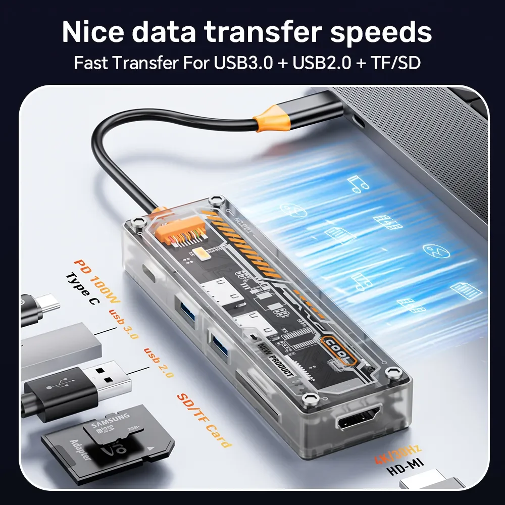 USB Hub Adapter 6 in 1 USB HUB Type-c to HDMI-Compatible 4K TF PD 100W for Macbook Pro USB 3.0 Hub Laptop Tablet
