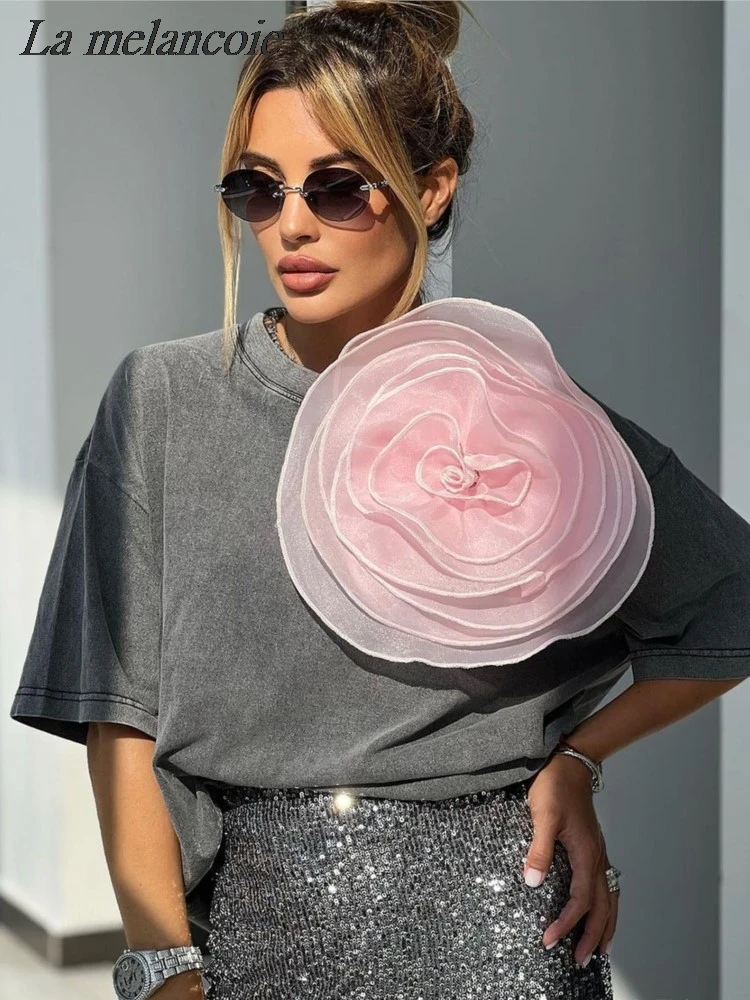 

Женские свободные футболки в стиле ретро, Новинка лета 2024, хлопковые потертые трехмерные сетчатые блузки большого размера с коротким рукавом