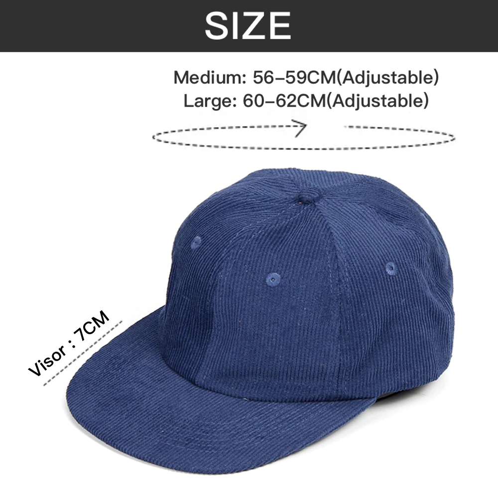 Big Size Corduroy 6 Panel Cap for Men Cotton Mid-Profile Hip-Hop Cap Unstructured Flat Visor Comfortable Breathable Snapback Hat 2