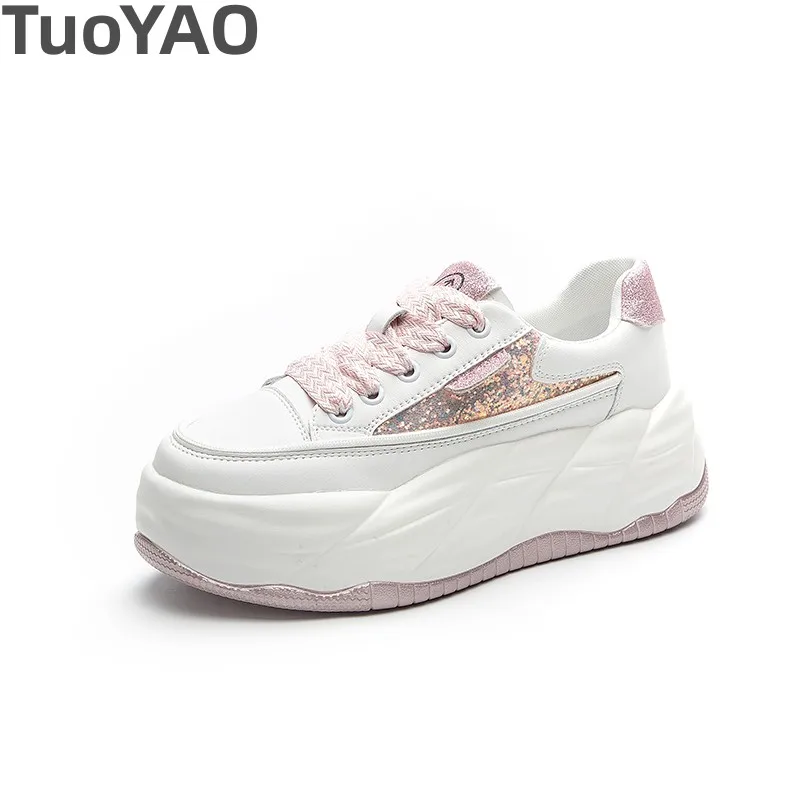 

6cm Round Toe Bling Genuine Leather Shoes Women Autumn Spring Summer Moccasins Designer Chunky Sneaker Platform Wedge Vulcanized