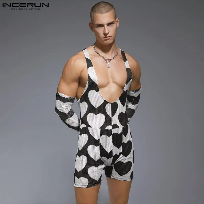 

INCERUN 2023 Men Rompers Printing O-neck Sexy Fashion Bodysuits Men Pajamas Homewear Cozy Casual Playsuits With Sleeve S-3XL