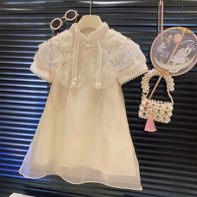 

Summer Girls Dress Fashion Children Pearls Cheongsam Princess Dresses Birthday Party Kids Costumes Flower Girl Dresses 2-8 Yrs