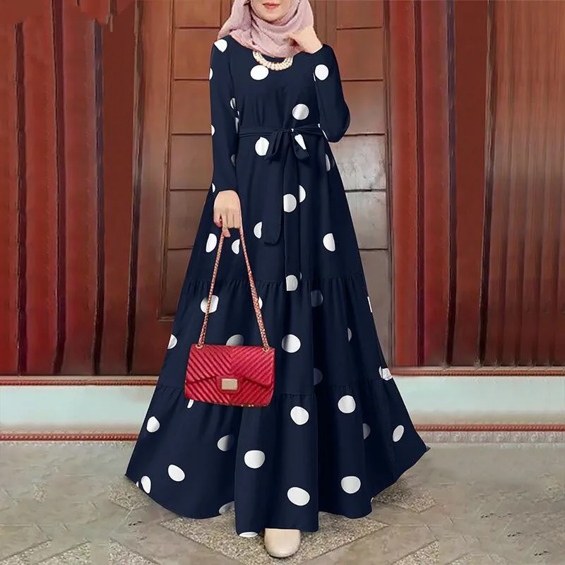 Women Islamic Wear Muslim Abaya Print Dot With Belt Long Sleeve Dress Kimono Clothes Fashion Summer Dubai  Bangladesh Wear