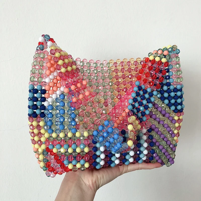 

Color Contrast Color Acrylic Beaded Bag Hand Weaving Colorful Shoulder Bag Pearl Bag for Women Evening Party Handbag Purse