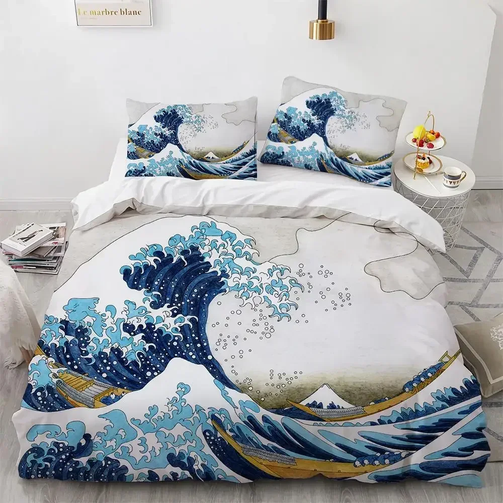 Homewish Set di biancheria da letto per bambini e ragazzi, con motivo a onde giapponesi, per bambini, adulti, blu oceano, foglia d'acero e luna, Hokusai Ukiyoe, copripiumino matrimoniale con 1