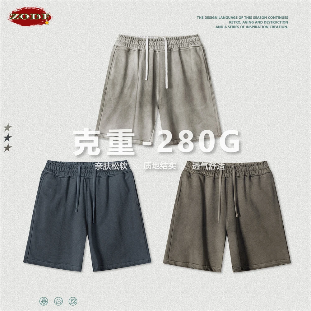 ZODF 남녀공용 워싱 코튼 반바지, 레트로 유니섹스, 더러움, 고민, 루즈, 280gsm, 브랜드 하의, HY0818, 여름, 2024