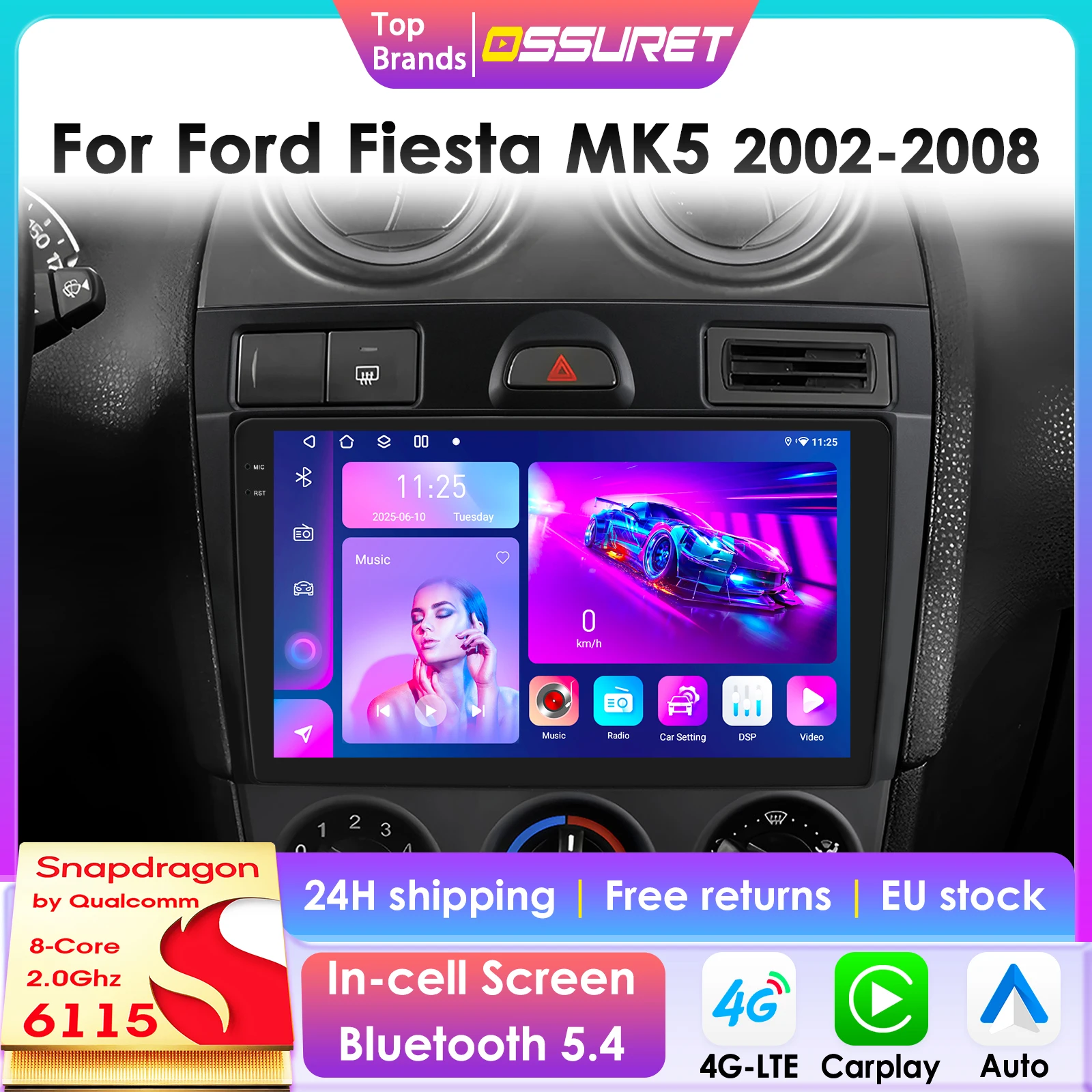 Mit Snapdragon 6115 Android 14 Autoradio für Ford Fiesta MK5 2002 - 2008, kabelloses CarPlay, Android Auto, 4G, BT, GPS, DSP, 360-Kamera.