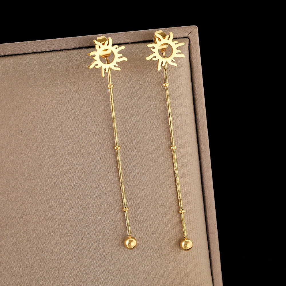 stud earrings long earrings Stainless Steel Classic Sun Totem Long Snake Beads Chain Stud Earrings For Women Jewelry Fashion Popular Friend Gifts