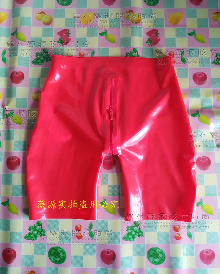 Sexy Mens Latex Shorts Fetish Rubber Pants with Two-way Front Crotch Zipper