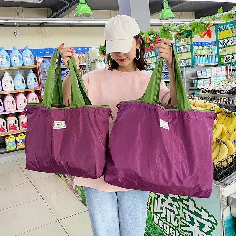 Foldable Eco-Friendly Shoulder Bags Women's Reusable Grocery Bag Large Capacity Foldable Shopping Bag with Drawstring Closure