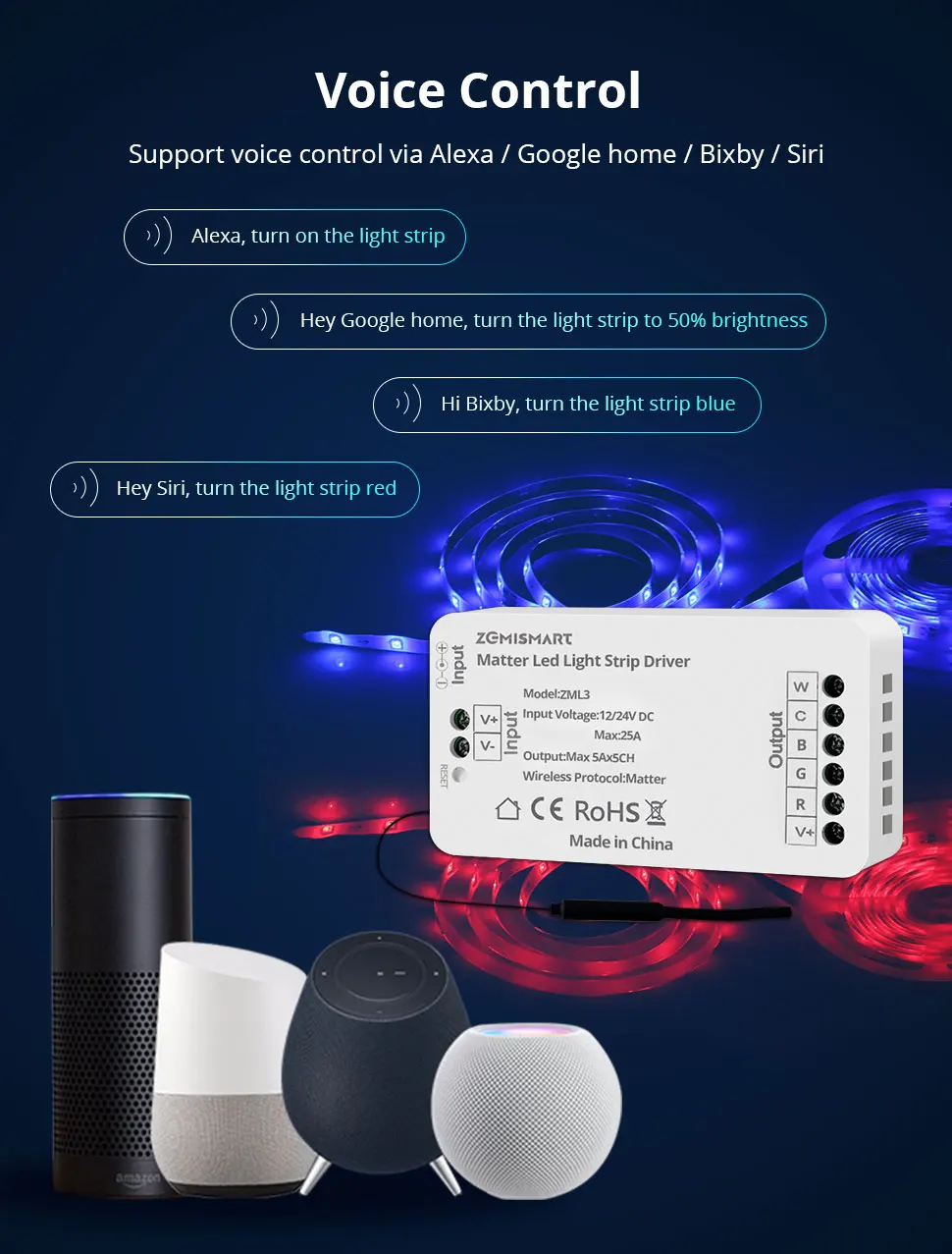 Matter RGBCCT Led Strip Light Driver 12V 24V DC Smart Controller Homekit Smartth