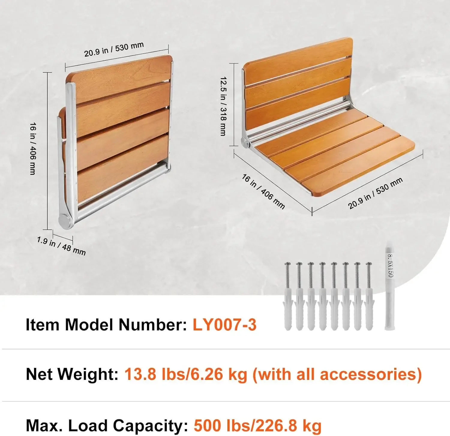 Folding Teak Shower Seat, 20.9 x 16'' Unfolded, Wall Mounted Fold Up Shower Bench with 500 lbs Load Capacity 5