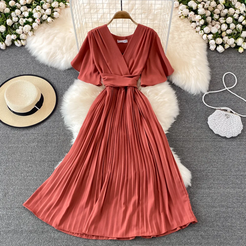 Women Elegant Pleated Dress Summer Short Sleeve V-neck Vintage Dresses Ladies A Line High Waisted Midi Dress